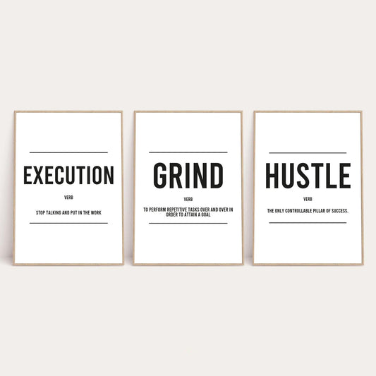 Grind Hustle Execution Inspirational Wall Decor Quote Print Set Of 3
